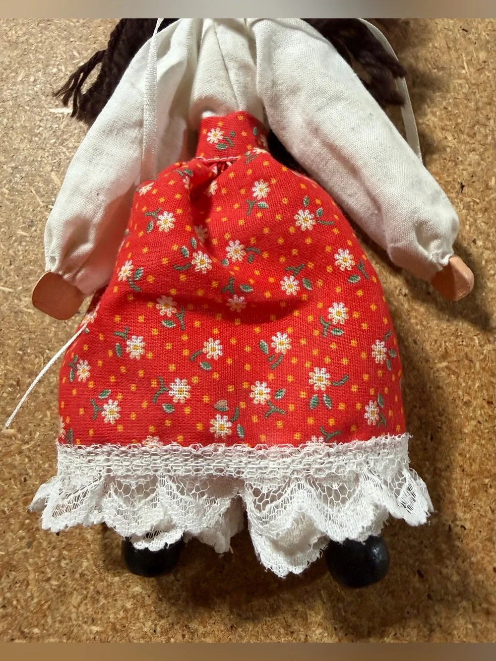 Vintage Polish Wooden Peg Doll Girl Floral Dress Folk Art